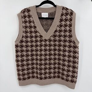 Pink Rose Houndstooth V-Neck Sweater Vest Brown Size Large